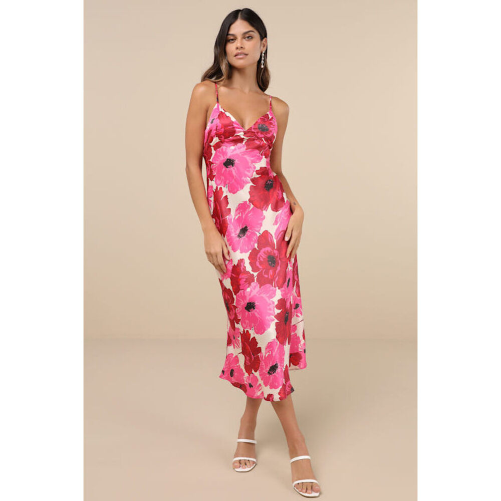 Lulus Adina White Pink Multi Floral Sleeveless Slip Midi Dress - Size S